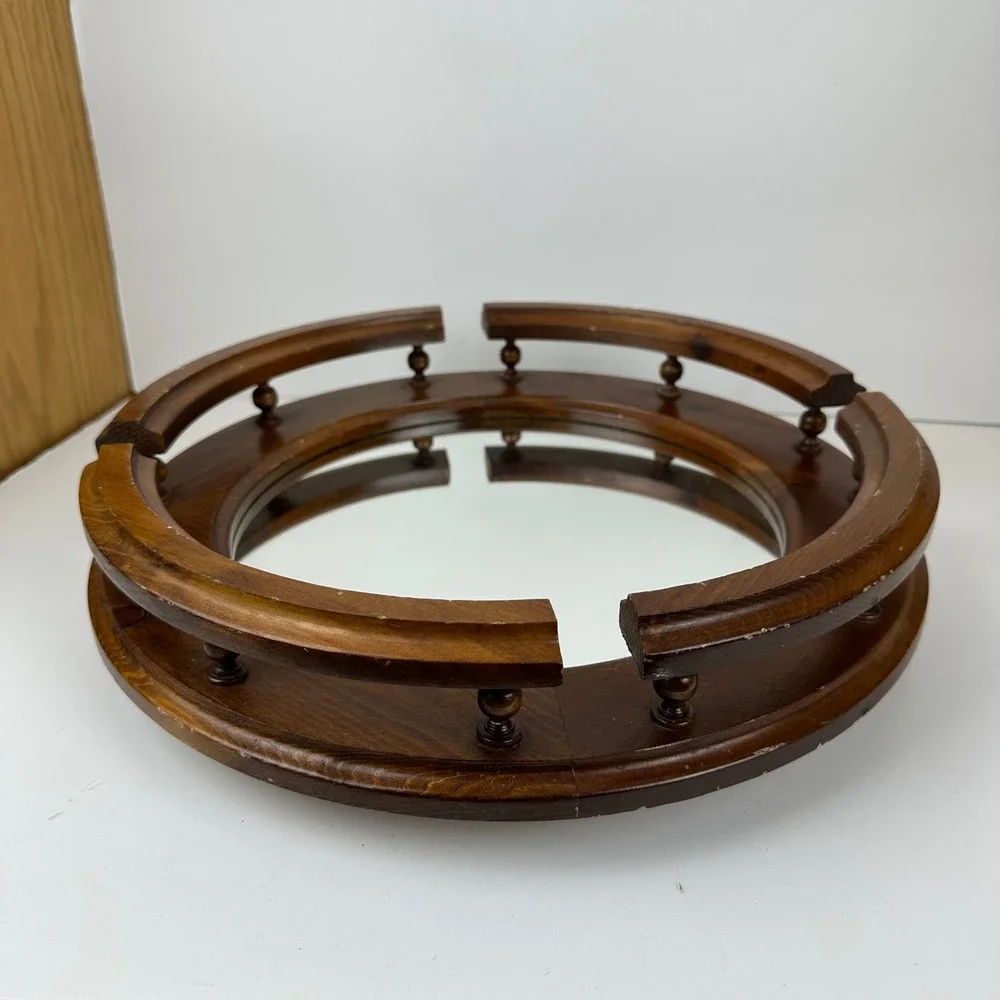 Vintage Round Wood Mirrored Vanity Tray Gallery Rail Spindle Lazy Susan Brown